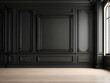 Classic black empty interior with wall panels, mouldings and wooden floor design. 3d render illustration mock-up design.
