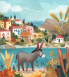 Cute cartoon donkey on greek landscape background. Children's illustration for books, posters, postcards, education.