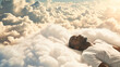 black man sleeping peacefully on soft clouds in the sky