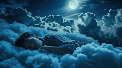 asian man sleeping peacefully on soft clouds in the sky at night under moon light