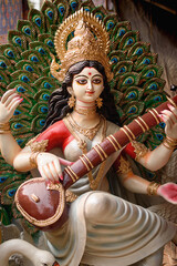 Idol of Goddess Devi Saraswati is in preparation for the upcoming Saraswati Puja at a pottery studio in Kolkata, West Bengal, India.