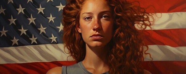 Wall Mural - Young woman with American flag. National america symbol of freedom