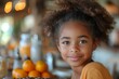 A youthful girl radiantly beams at the camera, surrounded by vibrant oranges in an indoor setting, showcasing the natural beauty of a human face