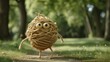 a tan ball of jumbled and bunchy yarn as a fictional character with arms and legs and eyes walking in a park 