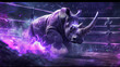 Rhinoceros striker charges under purple thunder in a boxing stadium