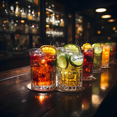 Wall Mural - mojito cocktail on the table. Row of different alcoholic or non-alcoholic cocktails on a bar counter. Pink, yellow, orange and red. Slice of lemon or lime. Syrup. Sweet fruit juice