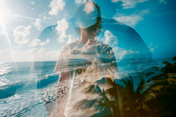 Ocean Dreams: Double exposure photography captures the essence of freedom and wanderlust, with a silhouette of a man against a backdrop of crashing waves, a tropical beach, and a vibrant sky.  