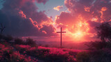 Fototapeta Sypialnia - Crucifixion Of Jesus Christ On Hill At Sunrise - AI Generated
