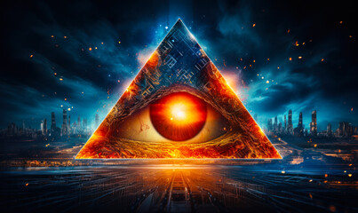 Wall Mural - Mystical all-seeing eye encased in a glowing triangle amidst cosmic particles, symbolizing esoteric knowledge, vision, and the universe's secrets