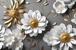 Mural Illustration of beautiful White flower decorative on gray wall background 3D wallpaper. Graphical modern art with golden flower . wallpaper will visually expand the space in a small room, bring 