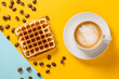 design for cafe ad, coffee and belgian waffle waffles. restaurant or cafe menu. minimalistic. Pastry. white background. horizontal. fresh morning. copy space.