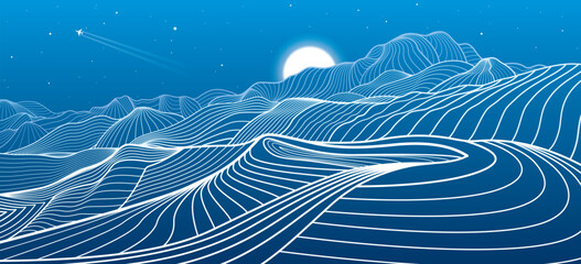 Wall Mural - Mountains outline illustration. Night landscape. Snow hills. Moon and stars. Vector design art