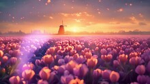 Dutch Spring Scene With Colourful Tulip Fields And A Windmill At Sunset In The North Netherlands. Amazing View Of Dramatic Spring Landscape Scene On The Blooming Pink Tulips Flowers Farm Traditional D