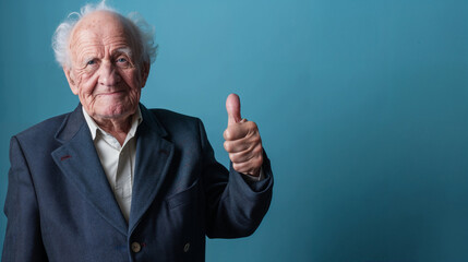 vieux monsieur souriant en costume, chemise et cravate sur fond bleu, montrant son pouce en l'air