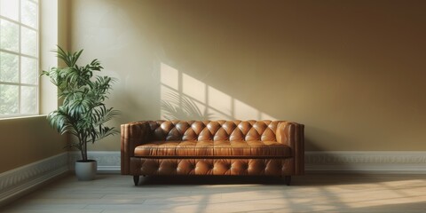 Wall Mural - A stylish sofa on the background of the wall in the room, a minimalistic interior with a sofa.