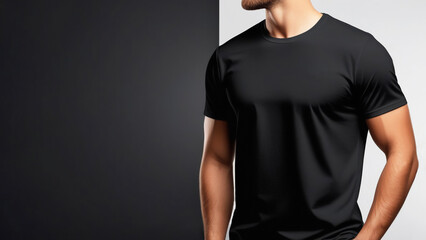 Front view of man wearing blank black t-shirt, on black and white background. Design mockup template