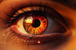 Close Up Aufnahme einer Iris, Auge einer Frau mit glänzender und glühender Iris im warmen Sonnenlicht