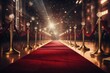 Red carpet rolling out in front of glamorous movie Presentation, Red carpet with golden stanchions on stage. 3d rendering, AI generated