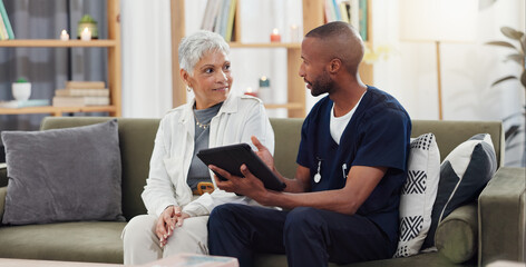 Wall Mural - Old woman, man and tablet, caregiver with patient for healthcare and medical information or help with social media. Support, African nurse for elderly care and tech, telehealth and how to work app