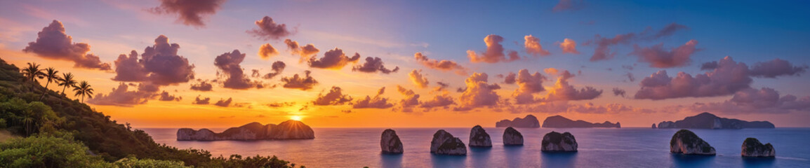 Wall Mural - Tranquil ocean sunset with majestic rock formations and serene cloudy sky