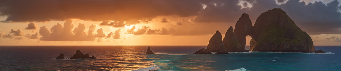 Wall Mural - A breathtaking and vibrant sunset over the ocean with rocks silhouetted against the dramatic clouds, creating a perfect harmony of nature's beauty