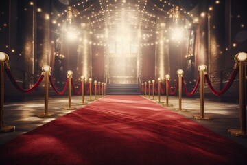 Red carpet rolling out in front of glamorous movie Presentation, Red carpet with red carpet in luxury hotel. 3D Rendering, AI generated