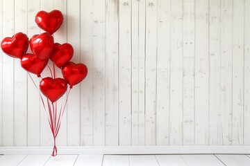 Wall Mural - Romantic Red Heart Balloons Against Soft White Backdrop For Valentines Day. Сoncept Valentine's Day Theme, Romantic Red Balloons, Soft White Backdrop