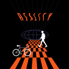 Geometric Futuristic Composition With Checkered Pattern, Bicycle, Walking Man And Line Globe