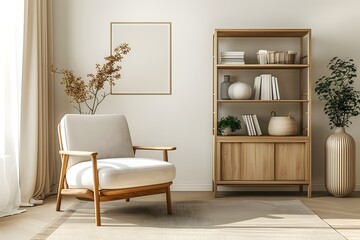 Wall Mural - Wooden shelf unit and gray armchair.
