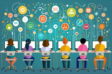A diverse group of individuals actively engaging with computers while seated around a table.