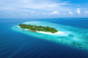 Wall Mural - This photo captures an island covered in green palm trees, situated in the middle of a vast ocean, Aerial view of stunningly turquoise Maldives islands, AI Generated