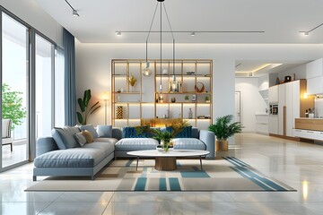 Wall Mural - Large open living room in new contemporary luxury home with large stone fireplace surround.