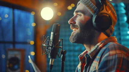 Male influencer or contentcreator recording audio for podcast in studio . Recording video or audio .