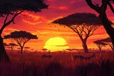 A beautiful sunset scene featuring zebras and giraffes in the foreground, set against a vibrant sky, An African safari-esque background, complete with a held sunset and acacia trees, AI Generated