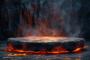 Fire lava podium rock volcano background product magma display 3d scene stone floor. Platform lava podium mountain fire smoke stage hot outdoor ground geometric isolated blast abstract texture meteor