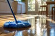 sustainable cleaning. Cleaning Wooden Floor with Mop in Sunlit Room. wooden floor being cleaned with a blue mop, symbolizing household chores and cleanliness
