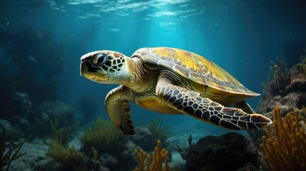 Wall Mural - In the ocean, a green sea turtle is swimming.