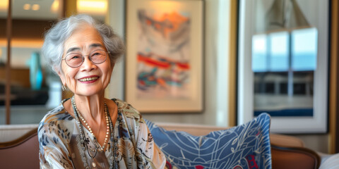 Wall Mural - Smiling confident senior asian woman posing in her home room looking at the camera