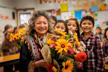 A smiling teacher holding a bouquet of flowers, surrounded by happy students in a classroom celebration.