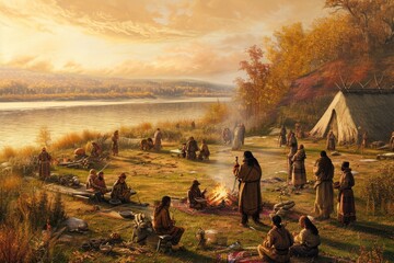 Canvas Print - A painting depicting a gathering of individuals sitting around a campfire in the outdoors, An artistic representation of the first Thanksgiving, AI Generated