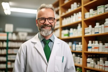 Wall Mural - male Caucasian pharmacist stands in medical robe smiling, Portrait of mature male pharmacist standing with arms crossed in drugstore,AI generated
