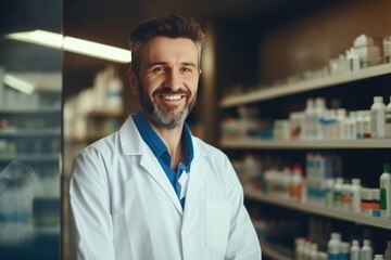 Wall Mural - male Caucasian pharmacist stands in medical robe smiling, Portrait of mature male pharmacist standing with arms crossed in drugstore,AI generated