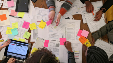 Wall Mural - top view of a busy work table during a team meeting, with hands of diverse people working with color