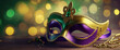 Gold, purple and green glittery mardi gras mask on shining bokeh banner. Generative AI illustration