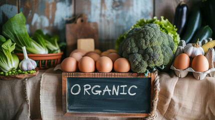 Canvas Print - variety of fresh organic produce and dairy items displayed on a wooden surface, with a blackboard sign reading 