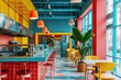 © Iftikhar alam - Vividly Decorated Restaurant With Colorful Chairs and Tables, An eye-catching empty restaurant kitchen with vibrant color palette, AI Generated