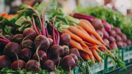 Canvas Print - bunch of freshly harvested beets with vibrant pink stems and roots attached, positioned next to a bunch of orange carrots with green tops.