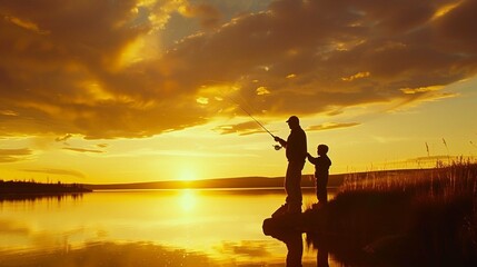 Wall Mural - Silhouette of father and son fishing on a beautiful lake at sunset in northern Minnesota.