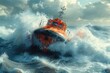 An orange rescue boat battles through high waves in stormy sea conditions.