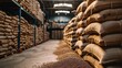 Coffee sack inventory at a contemporary substantial warehouse with big copy space, Generative AI.